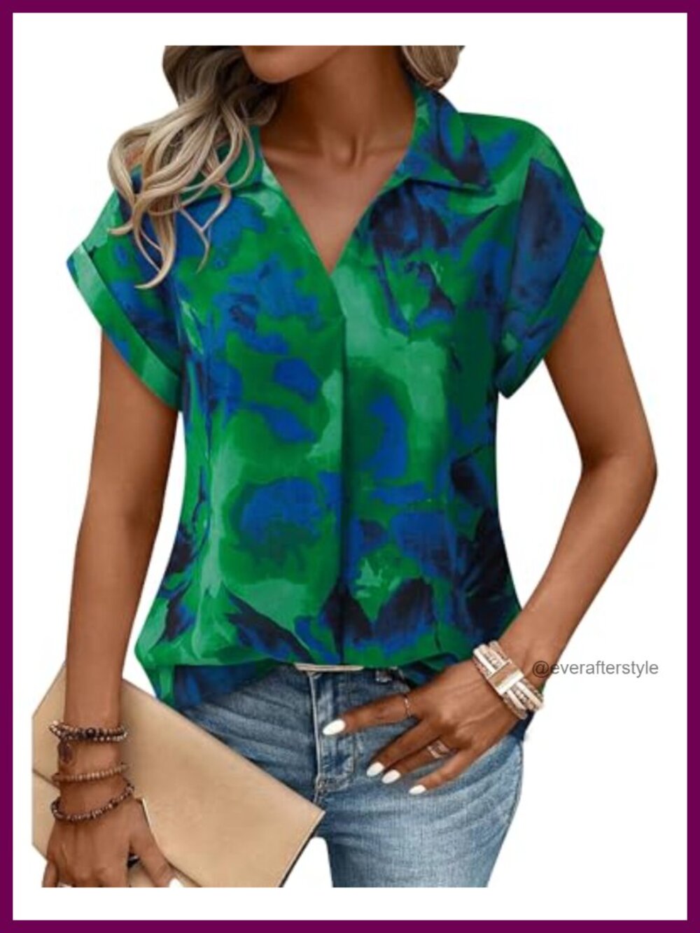 Women's V Neck Short Sleeve Blouse Tunic Loose Fit Polyester Work Top